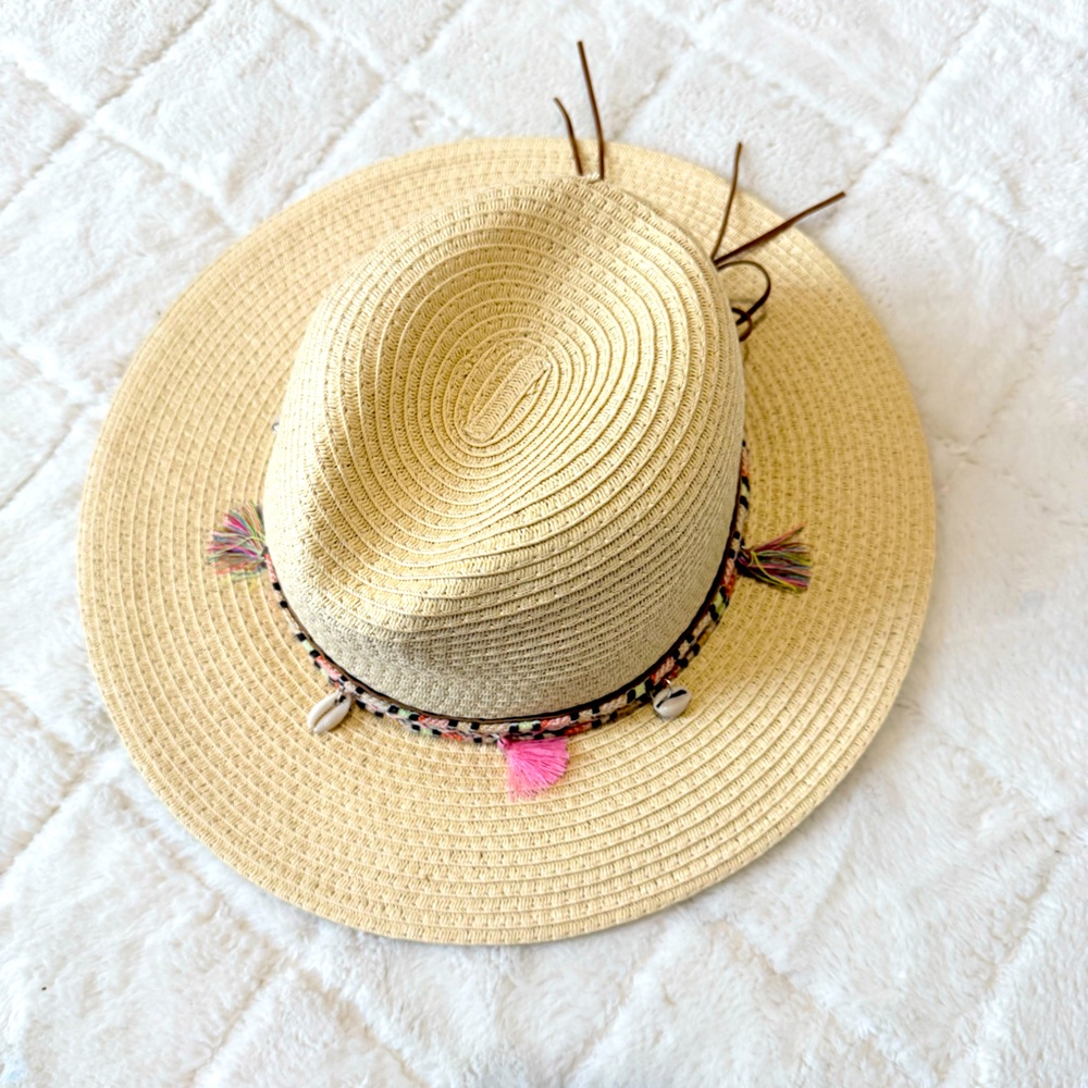 DPC Straw Beach Sun Hat with Tassel & Shell Trim - Natural